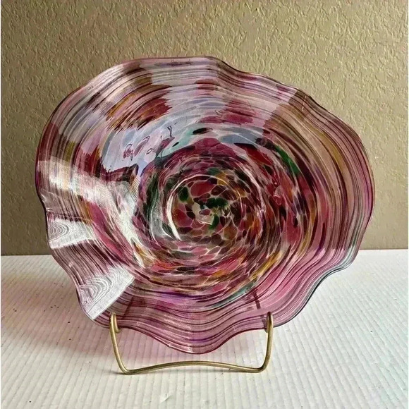 Unmarked Other - MCM Art Glass Ruffled Edge Bowl Pink Green Purple Hand Blown Spotted Swirled